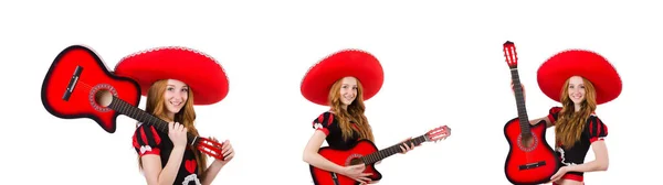 Žena kytarista s sombrero na bílém pozadí — Stock fotografie