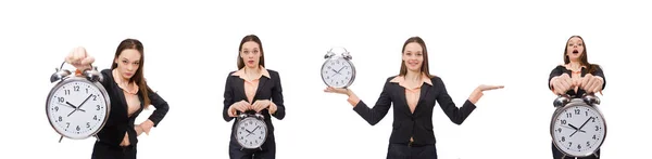 Επιχειρηματίας κρατώντας ρολόι συναγερμού απομονώνονται σε λευκό — Φωτογραφία Αρχείου