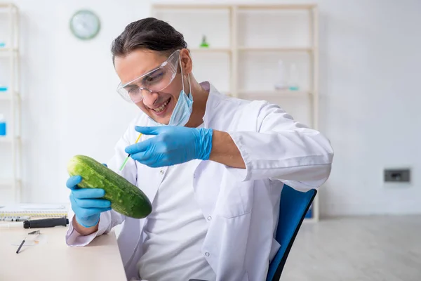 Experto en nutrición masculina prueba de verduras en laboratorio —  Fotos de Stock