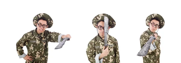 Funny soldier with knife on white — Stock Photo, Image