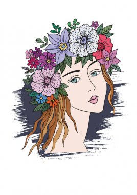 El çizimi çiçekli güzel kız. T-shirt tasarımı, poster, afiş ve diğer tasarım için.