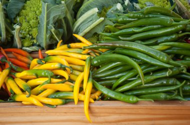 Yakın plan kırmızı, sarı ve yeşil acı biberlerin arka planı.