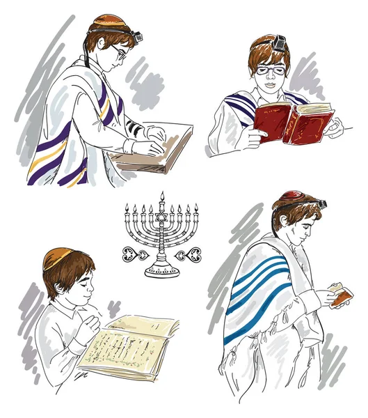 Hand Drawing Sketches Jewish Boys — Stock Vector