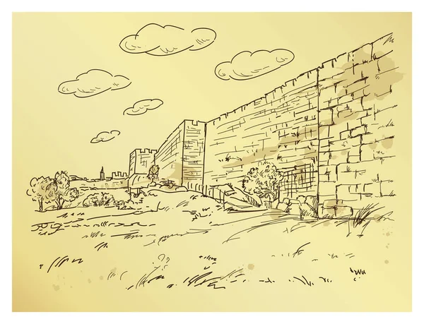 Mão Desenhando Muro Cidade Velha Jerusalém Torre Rei Davi Israel — Vetor de Stock