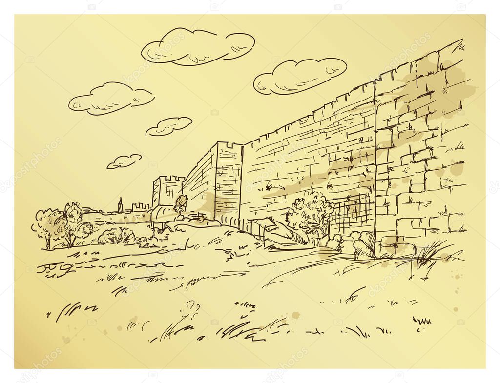 Hand drawing Jerusalem old city wall and king David tower. Israel