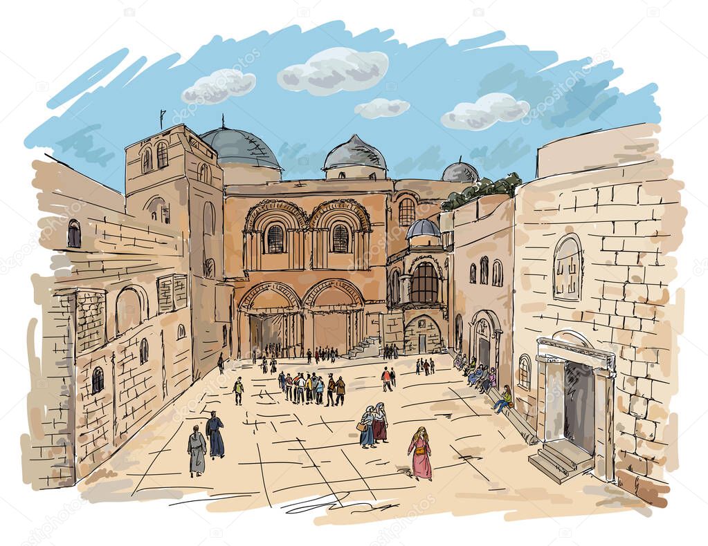 Church of the Holy Sepulchre in Jerusalem. Israel. Hand drawing illustration. 