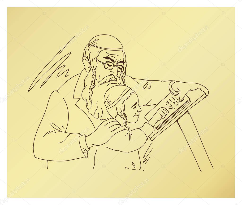Jewish orthodox boy study. Vector illustration.