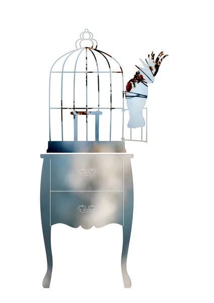 Double exposure. Birdcage and parrot — Stock Photo, Image