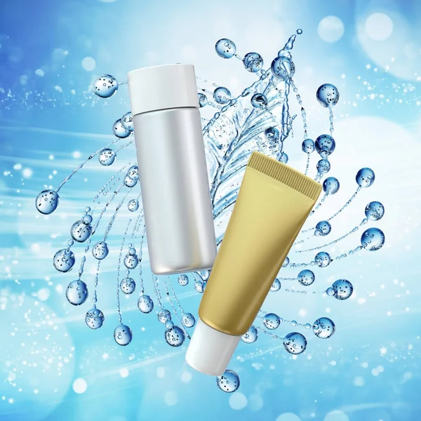 White cosmetic products with water splash on cyan background.