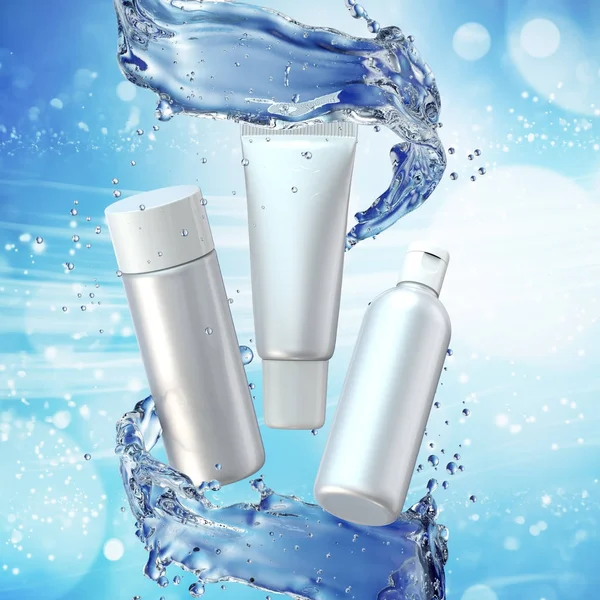 White cosmetic products with water splash on cyan background.