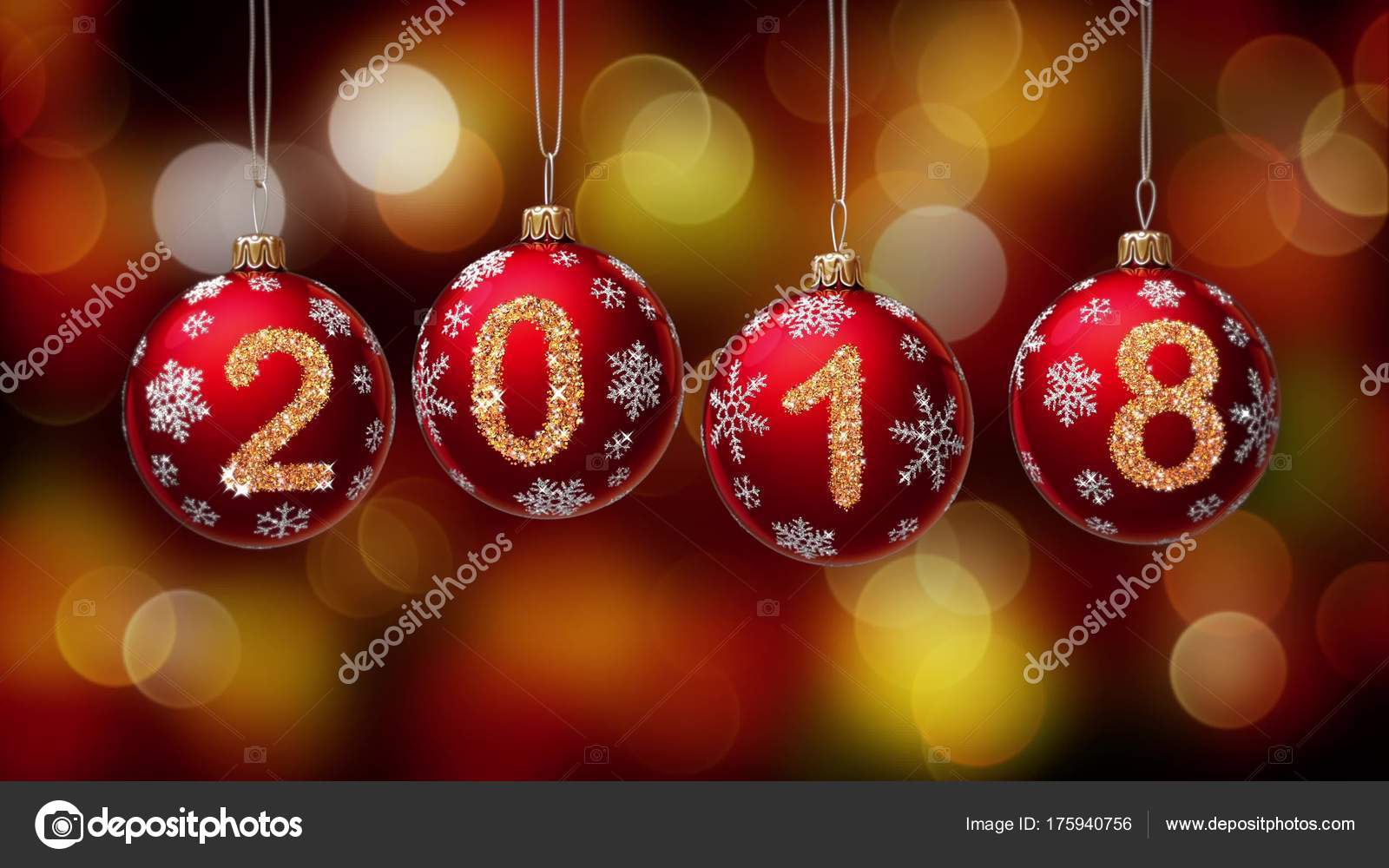 Hanging 2018 Number Glitter Christmas Balls On Gold Bokeh