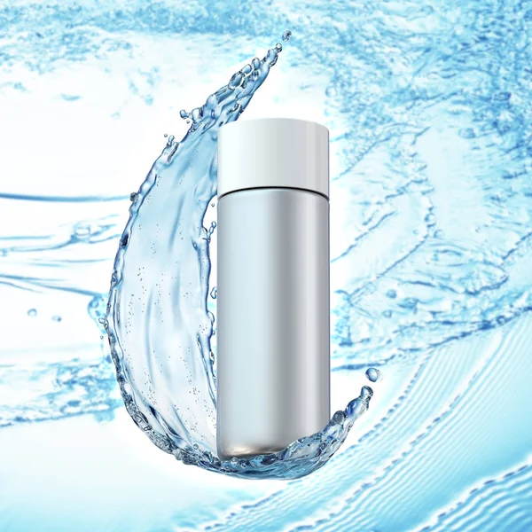 White cosmetic products with water splash on cyan background.