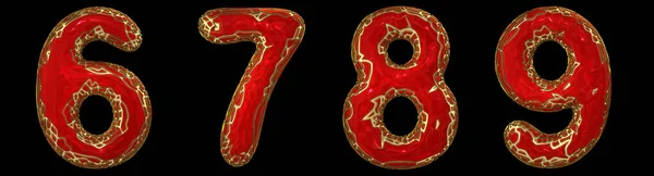 Number set 6, 7, 8, 9 made of realistic 3d render golden shining metallic. Collection of gold shining metallic with red color plastic symbol