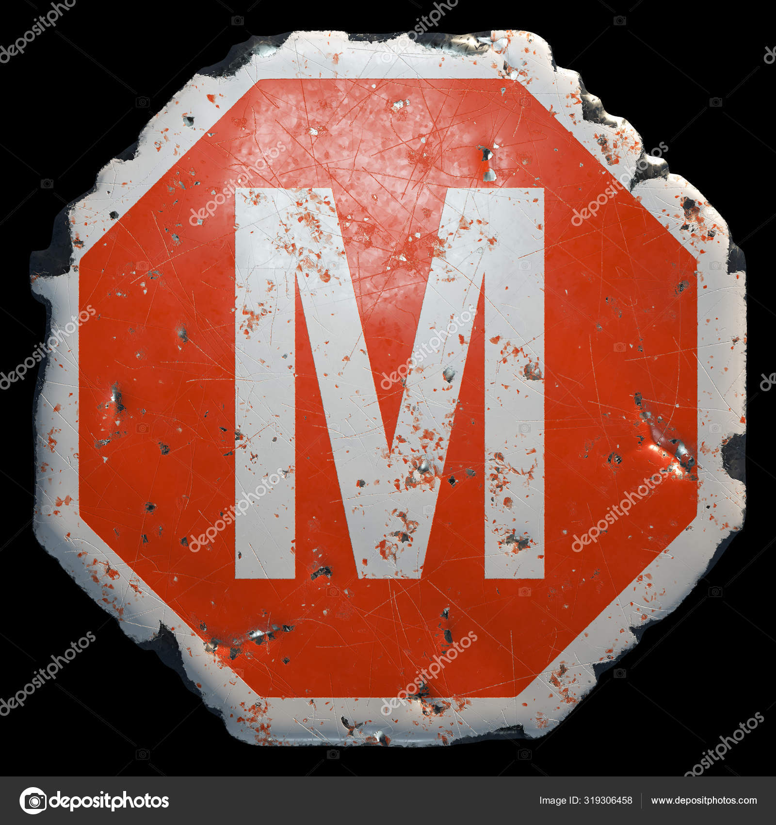 Public road sign in red and white with a capitol letter M in the center isolated on black background. 3d — Stock Photo... 