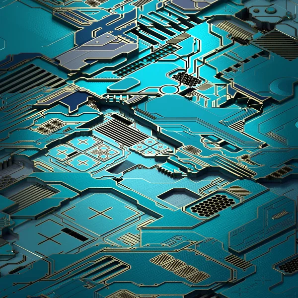 Circuit board futuristic server code processing. Turquoise technology background. 3d