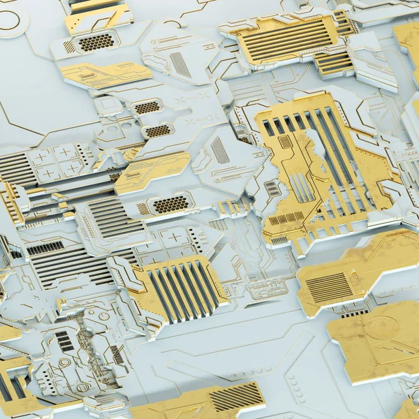 Circuit board futuristic server code processing. Gold and white technology background. 3d rendering