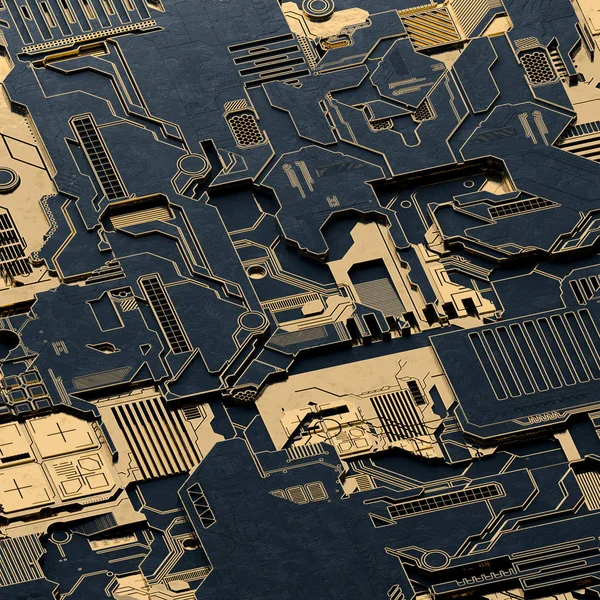 Circuit board futuristic server code processing. Gold and black technology background. 3d rendering