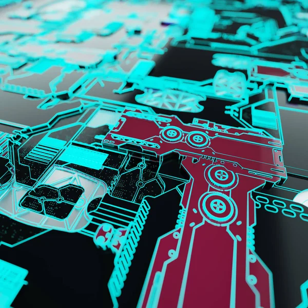 Circuit board futuristic server code processing. Neon color technology background. 3d rendering