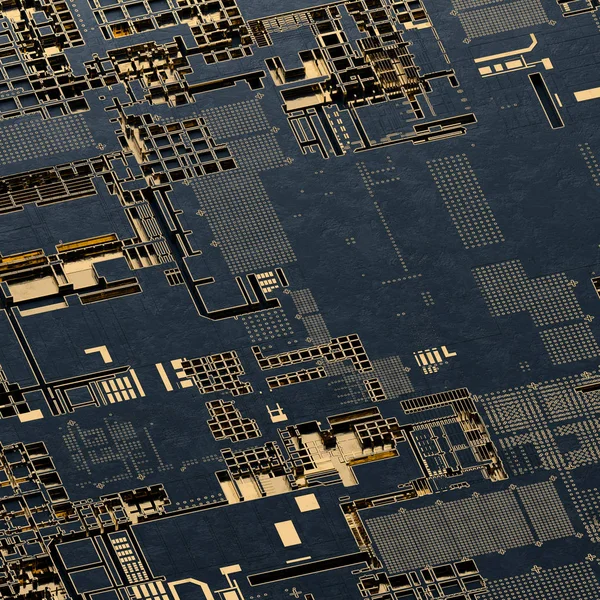 Circuit board futuristic server code processing. Gold and black technology background. 3d rendering