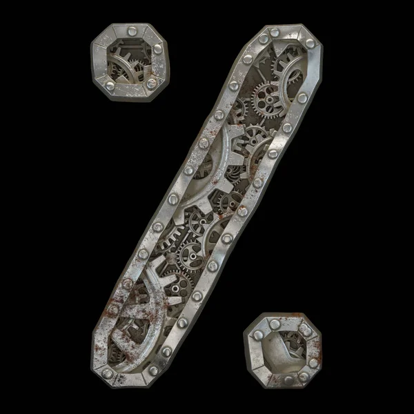 Mechanical alphabet made from rivet metal with gears on black background. Symbol percent. 3D