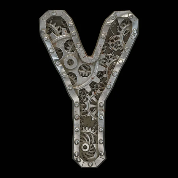 Mechanical alphabet made from rivet metal with gears on black background. Letter Y. 3D
