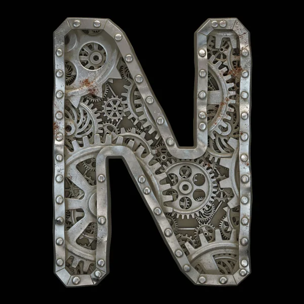 Mechanical alphabet made from rivet metal with gears on black background. Letter N. 3D