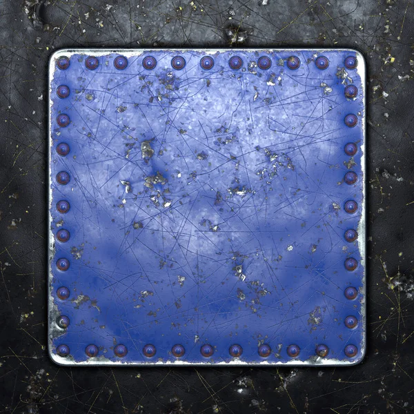 Painted blue metal with rivets in the shape of a square in the center on black metal background. 3d