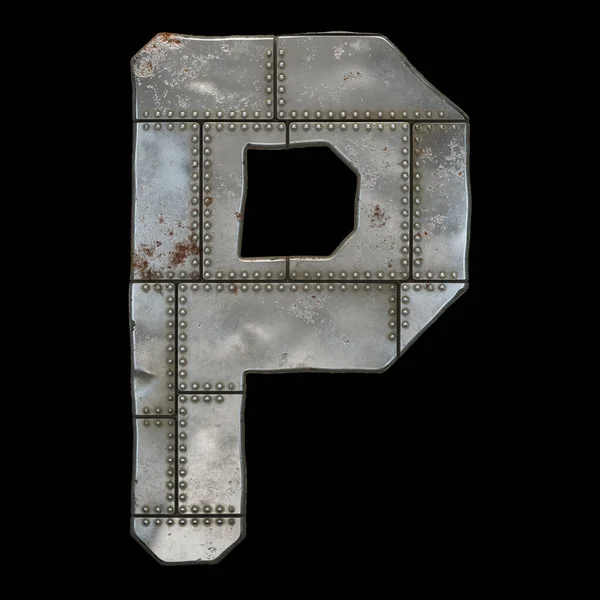 Industrial metal alphabet letter P on black background 3d