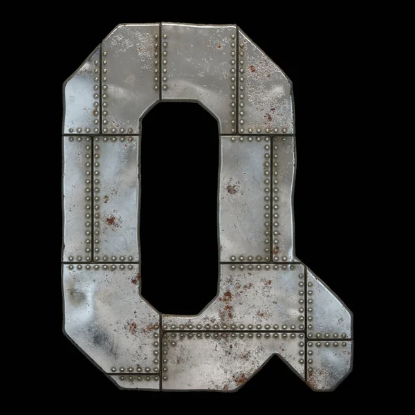 Industrial metal alphabet letter Q on black background 3d