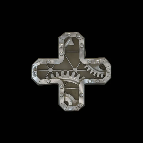 Mechanical alphabet made from rivet metal with gears on black background. Symbol plus. 3D