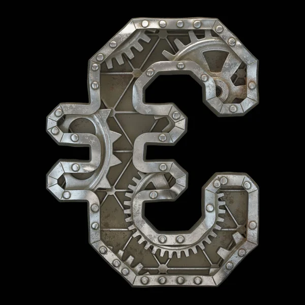 Mechanical alphabet made from rivet metal with gears on black background. Symbol euro. 3D