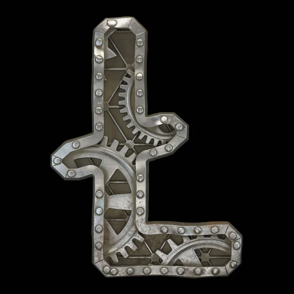 Mechanical alphabet made from rivet metal with gears on black background. Symbol litecoin. 3D