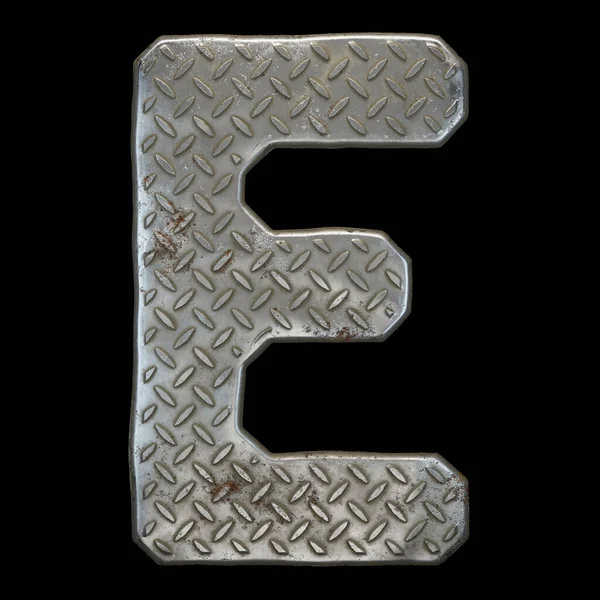 Industrial metal alphabet letter E on black background 3d