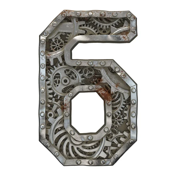 Mechanical alphabet made from rivet metal with gears on white background. Number 6. 3D