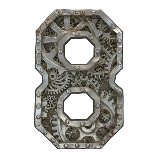 Mechanical alphabet made from rivet metal with gears on white background. Number 8. 3D