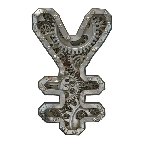 Mechanical alphabet made from rivet metal with gears on white background. Symbol yen. 3D