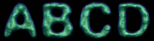 Letter set A, B, C, D made of realistic 3d render natural green snake skin texture.