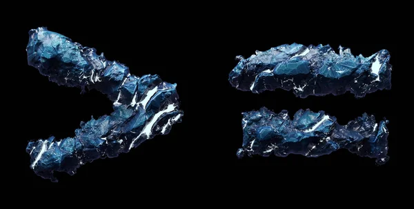Set of symbols right angle bracket and equals made of ice isolated on black background. 3d