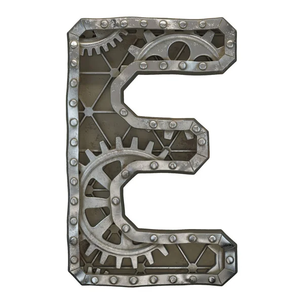 Mechanical alphabet made from rivet metal with gears on white background. Letter E. 3D