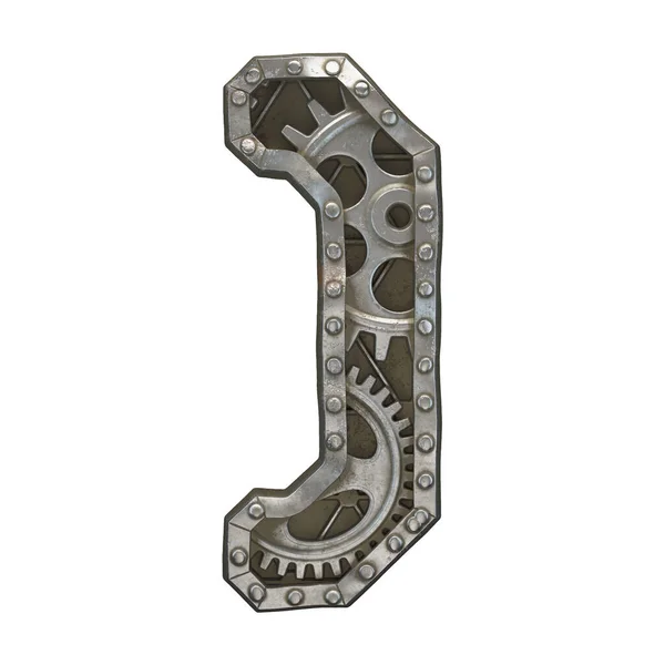 Mechanical alphabet made from rivet metal with gears on white background. Symbol right parentheses. 3D