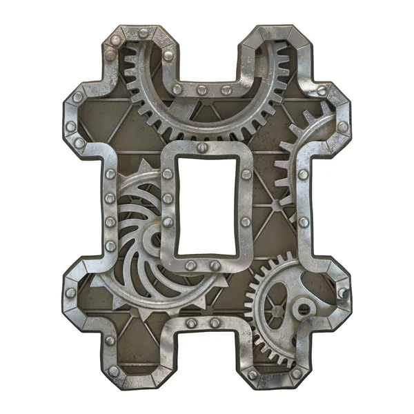 Mechanical alphabet made from rivet metal with gears on white background. Symbol hash. 3D