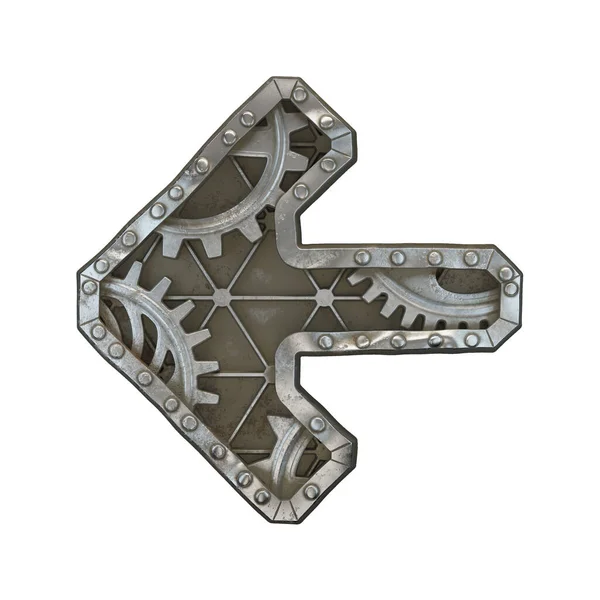 Mechanical alphabet made from rivet metal with gears on white background. Symbol left arrow. 3D