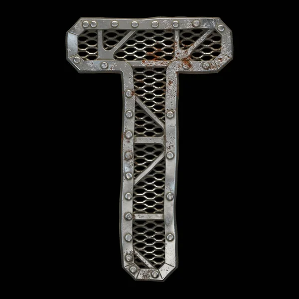 Mechanical alphabet made from rivet metal with gears on black background. Letter T. 3D