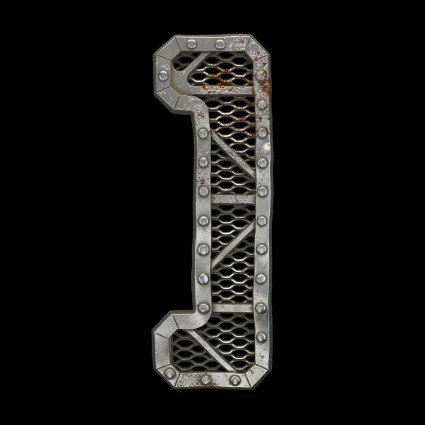 Mechanical alphabet made from rivet metal with gears on black background. Symbol right square bracket. 3D