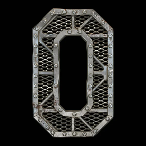 Mechanical alphabet made from rivet metal with gears on black background. Number 0. 3D