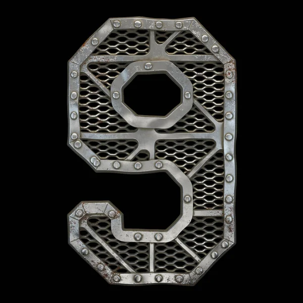 Mechanical alphabet made from rivet metal with gears on black background. Number 9. 3D