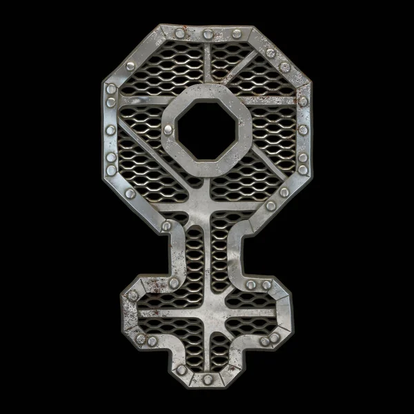 Mechanical alphabet made from rivet metal with gears on black background. Symbol Female. 3D