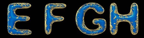 Realistic 3D letters set E, F, G, H made of gold shining metal letters.