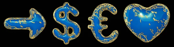 Symbol collection arrow, dollar, euro, heart made of golden shining metallic. Collection of gold shining metallic with blue paint symbol isolated on black background. 3d