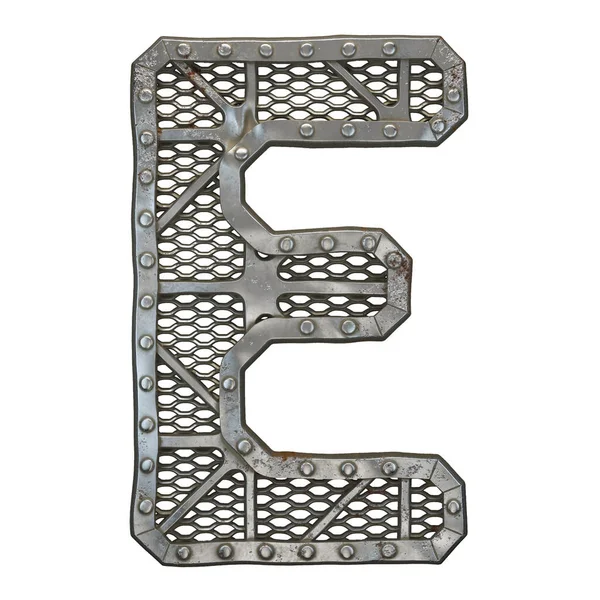 Mechanical alphabet made from rivet metal with gears on white background. Letter E. 3D